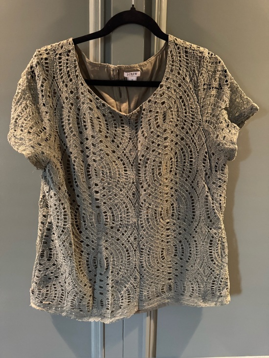 J. Crew Tops - J. Crew Sage Green Crochet Short Sleeve Blouse - Size 14